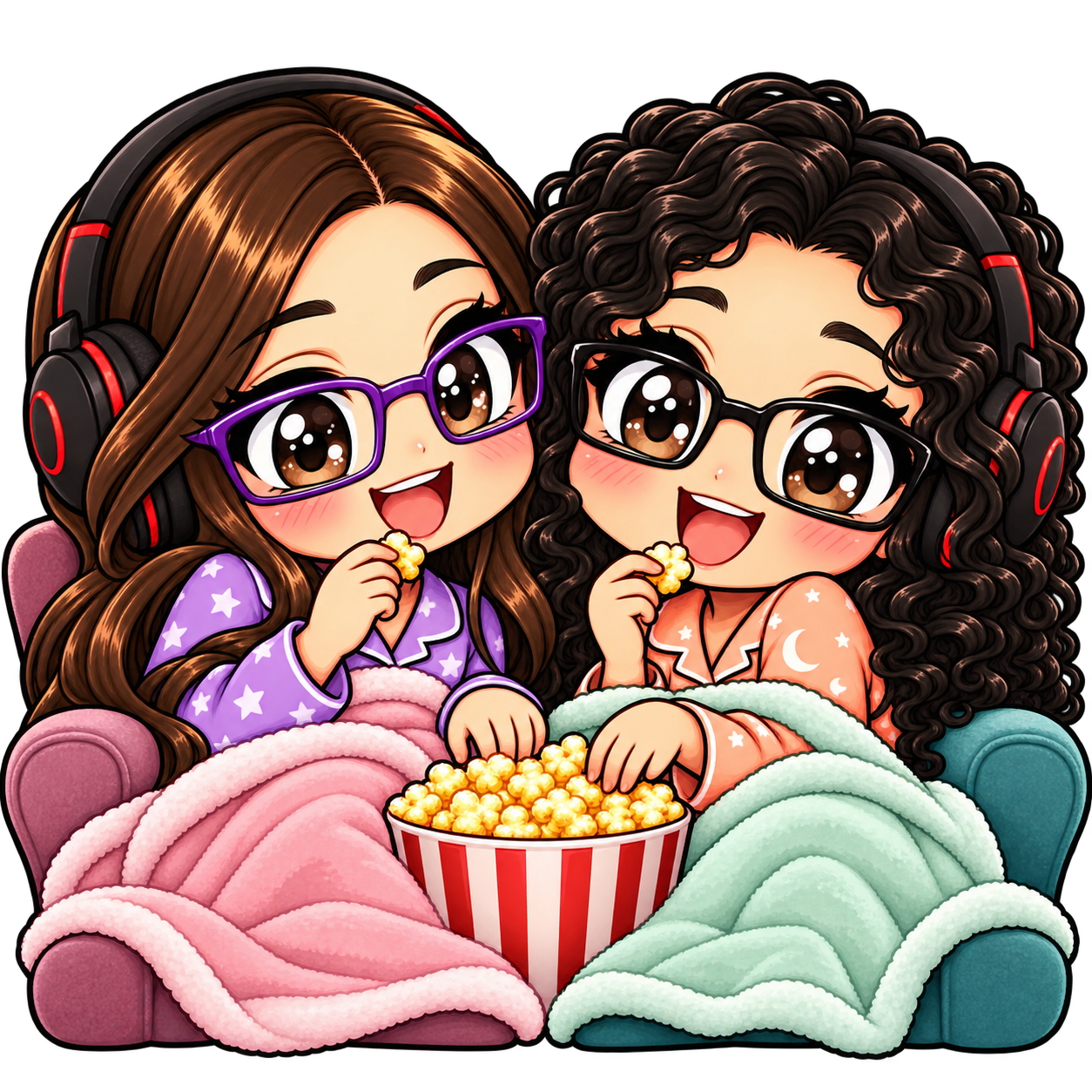 Perla y Aless juntas con auriculares, mantas y palomitas